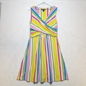 Lands End Faux Wrap Stripe T-Shirt Tank Dress Flattering Colorful Rainbow Sz M